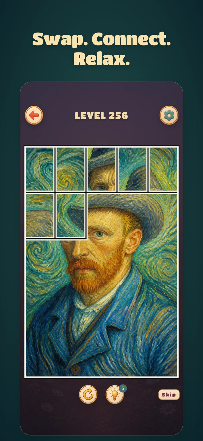 Jigsaw gameplay with a Van Gogh self-portrait puzzle